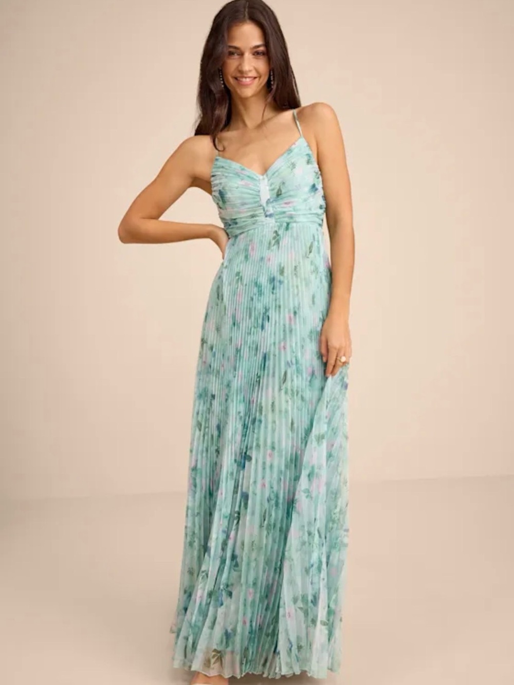 Lulus Whitley Mint Green Floral Pleated Sleeveless Maxi Dress